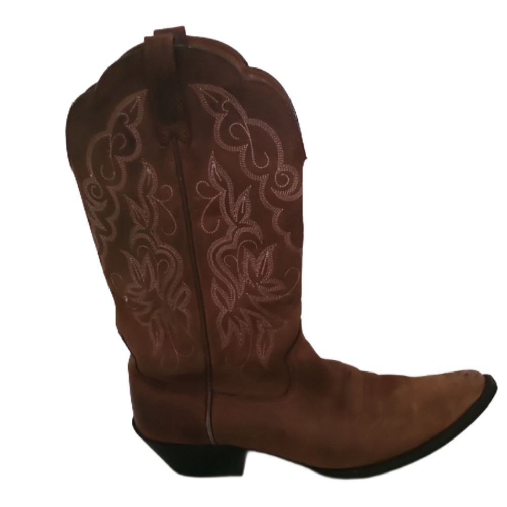 Brown Heeled Boots with Intricate Stitching